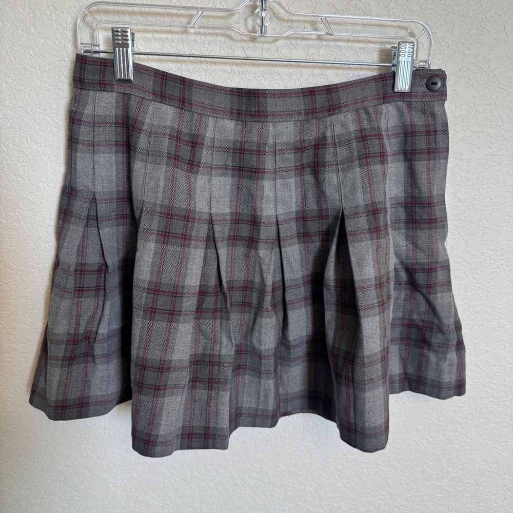 Dark Academia Preppy Dennis Plaid Pleated Mini Skirt Size 6 Grey Burgundy
